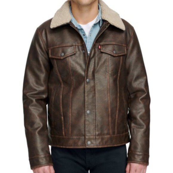 Levi’s Faux Leather Sherpa Collar Trucker Jacket Men’s Large Free Shipping - Picture 1 of 11